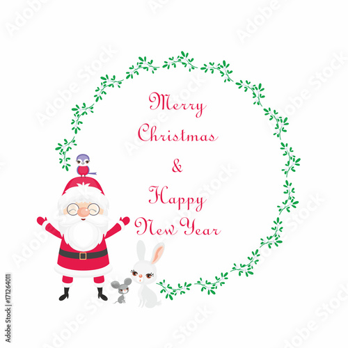 Christmas round floral frame with the image of a cute woodland animals and Santa. Vector background. © olga_a_belova