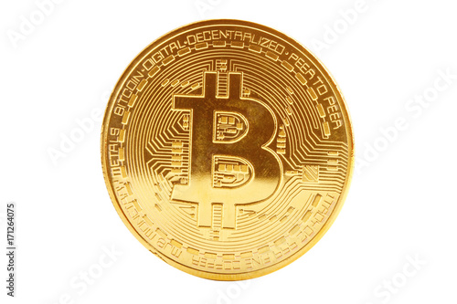 Gold coin of bitcoin on a white background.