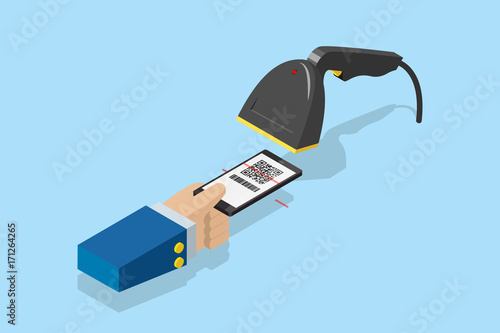 barcode scanner scanning qr code on smartphone for e-payment, technology and business concept