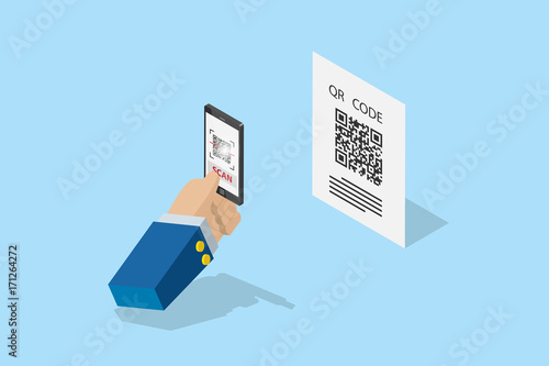 isometric business hand holding smartphone to scan qr code for detail, technology and business concept