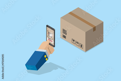 isometric business hand holding smartphone to scan qr code on box for detail of merchandise, technology and business concept