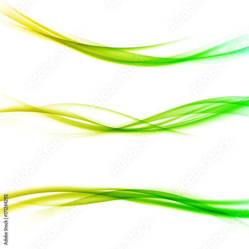 Gradient fresh energy header lines collection. Three minimalistic bright elegant smooth smoke dividers. Yellow to green swoosh wave border set