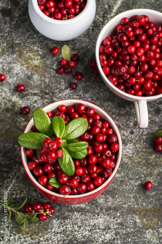 Bilde på lerret Fresh cranberry or cowberry, lingonberry top view