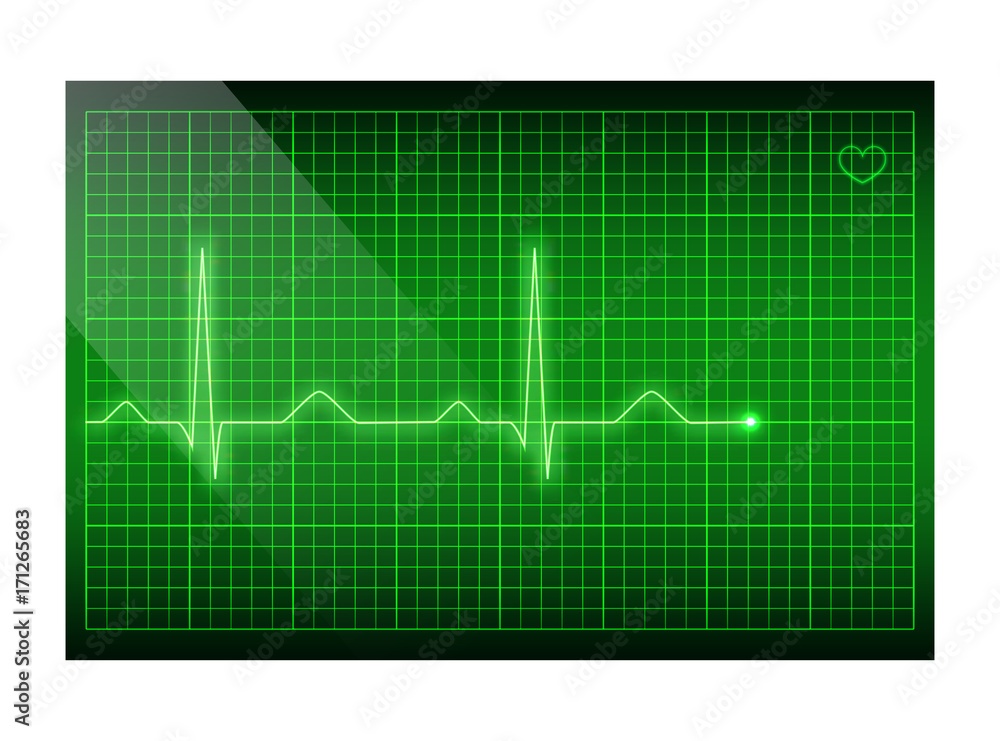 Naklejka premium Green line heart rate on the screen. Vector electrocardiogram background.