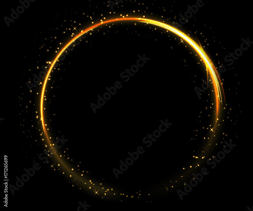 Light circle on black background. Fire ring glowing trace. Vector fire gold circle.