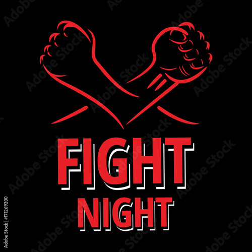 ector clenched fists fight MMA, kick boxing, karate sport night cage show illustration on dark background. Athletes square off concept poster template. Red, black, white design