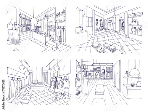 Outline drawings of clothing boutique interior with furnishings, counters, showcases, mannequins dressed in fashionable clothes. Hand drawn fashion store or trendy apparel shop. Vector illustration.