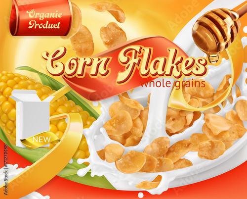 Corn flakes, honey and milk splashes. 3d realistic vector, package design