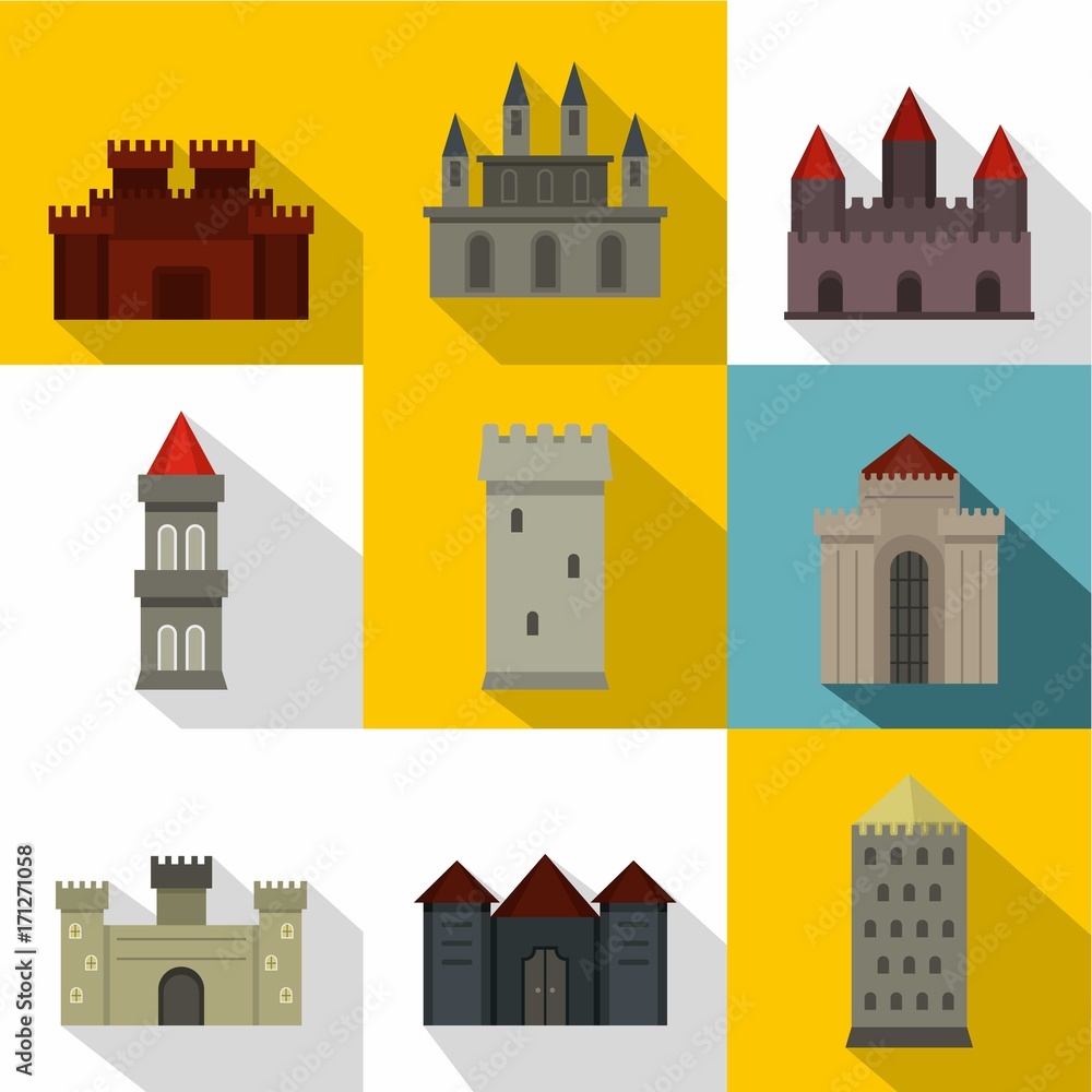 Ancient castle icon set, flat style