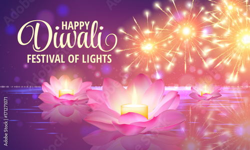 Diwali greeting background. 3D Vector. Festival of lights illustration. Lotus Oil Lamp.