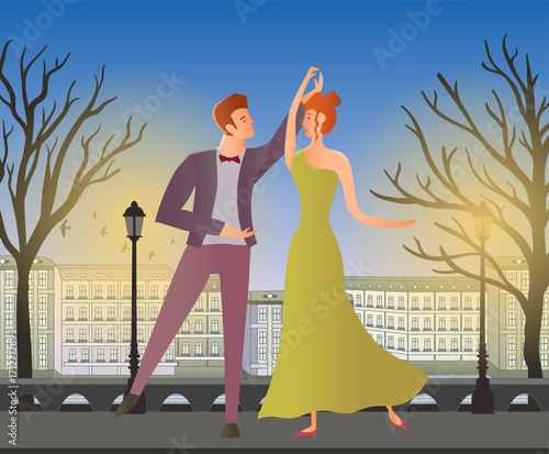 Young couple in love. Man and woman dancing ballroom dance in the street of the old town. Vector illustration.