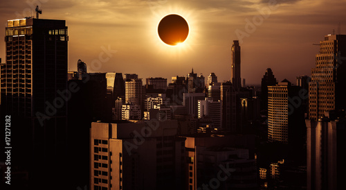 Amazing scientific natural phenomenon. Total solar eclipse glowing on sky.