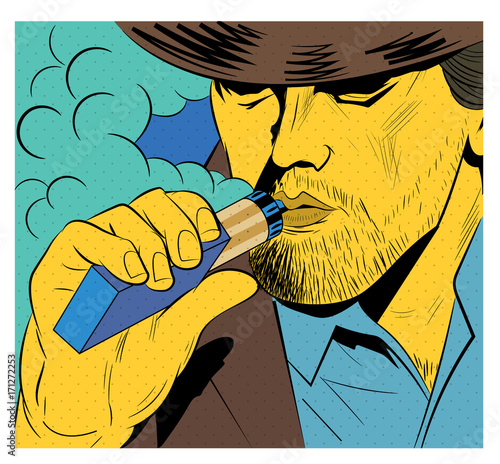 Illustration of a man in a pop art comic with electronic cigarette