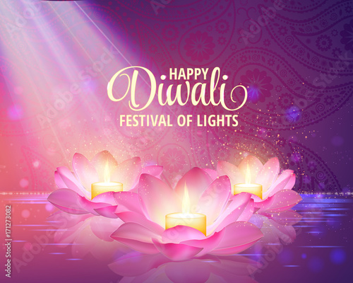 Diwali greeting background. 3D Vector. Festival of lights illustration. Lotus Oil Lamp. photo