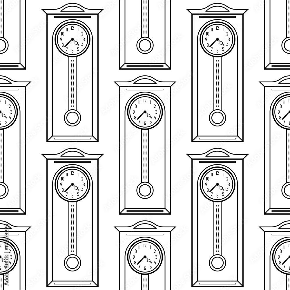 Grandfather clock. Black and white seamless pattern for coloring books ...