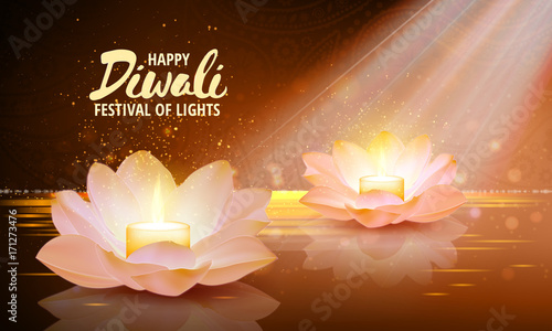 Diwali. Vector. Festival of light background. Greeting background with pink lotus and a burning candle inside.