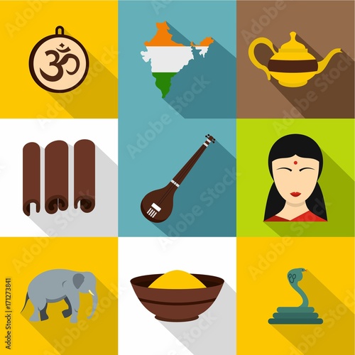 Tourism in India icon set, flat style