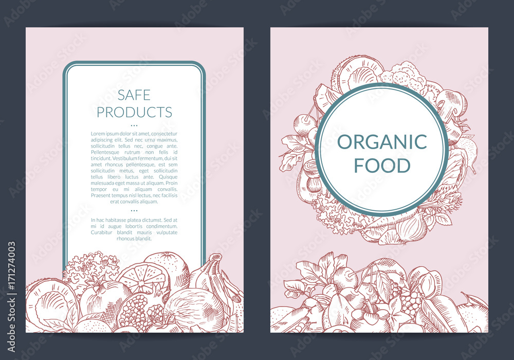 Vector handdrawn fruits and vegetables vegan, healthy food card, brochure, flyer template
