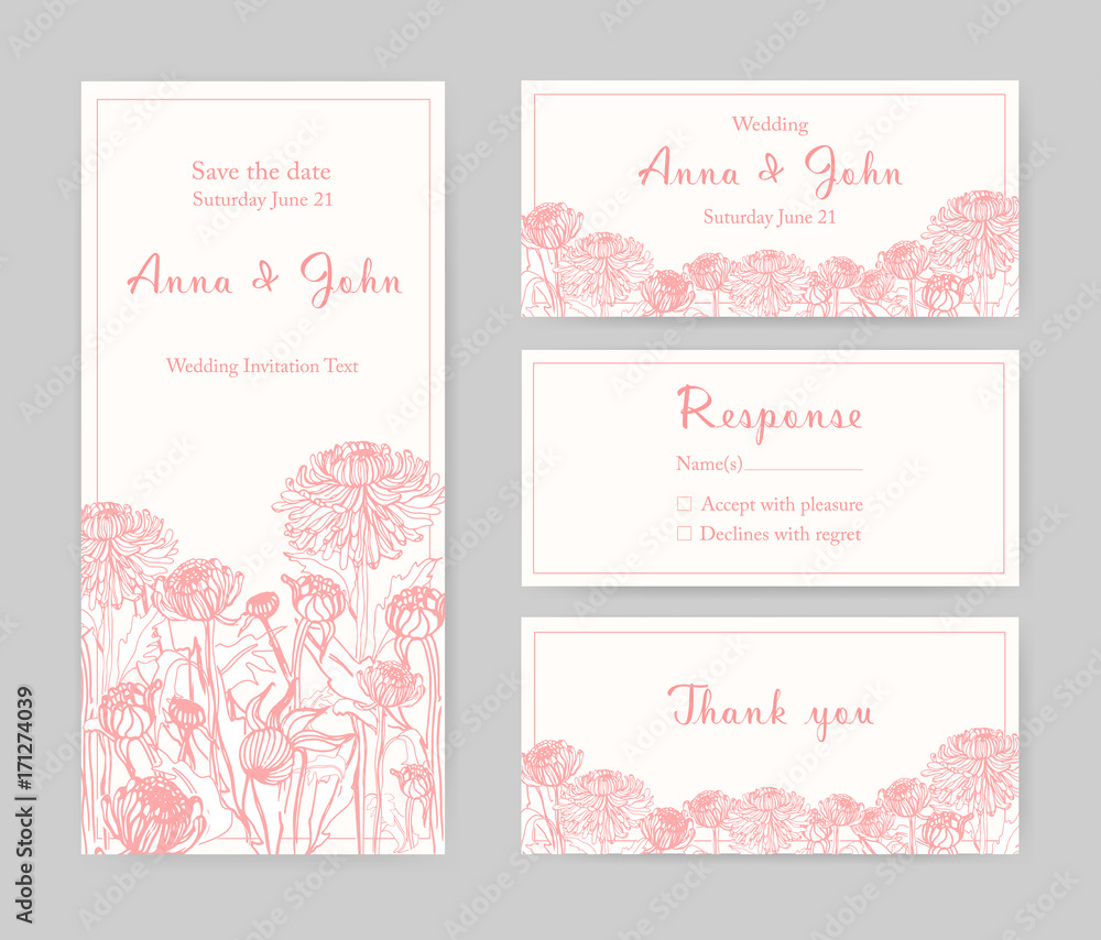 Collection of elegant templates for flyer, Save the Date card or wedding invitation with beautiful Japanese chrysanthemum flowers hand drawn with pink lines on white background. Vector illustration.