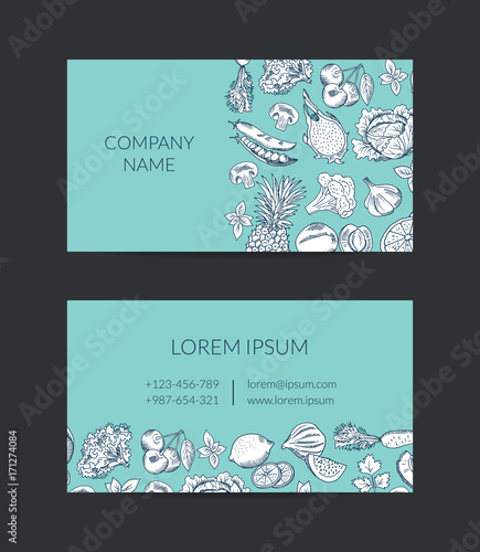 Vector doodle handdrawn fruits and vegetables organic farm, vegan, healthy food business card template