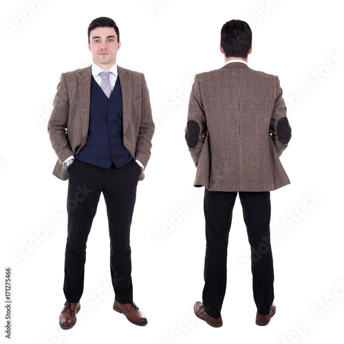 front and back view of young handsome business man isolated on white