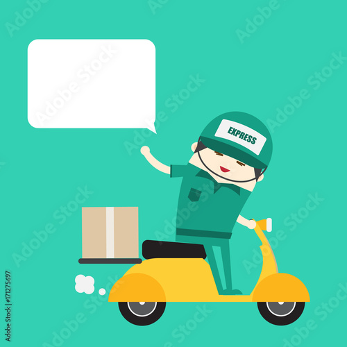 online ordering and fast delivery service. Goods delivery man hipster is riding motorbike.