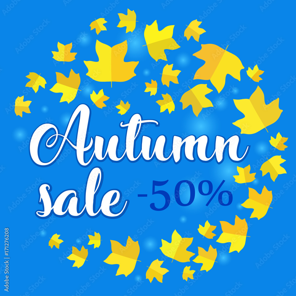 Autumn sale banner with yellow fall tulip tree leaf on blue background. Vector illustration with colorful autumn leaves. Bright banner for autumn sale with colorful fall leaves. Fall discount sale. Autumn sale banner with yellow fall tulip tree leaf on blue background. Vector illustration with colorful autumn leaves. Bright banner for autumn sale with colorful fall leaves. Fall discount sale.