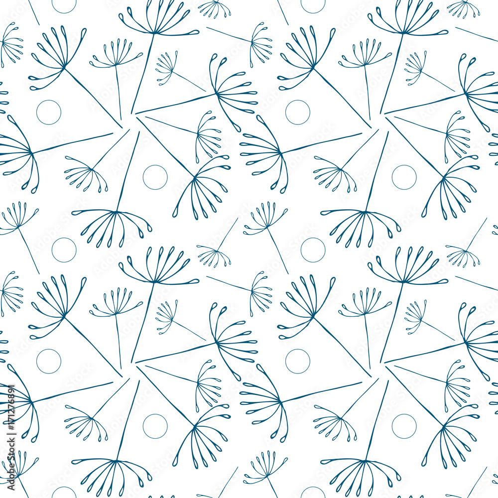 Fototapeta premium Mniszek lekarski lub allium lub koper włoski, jak kwiaty i wzór nasion. Wektor kwiatowy bezszwowe powtórzenie z prostych ręcznie rysowane stylizowane kwiaty.
