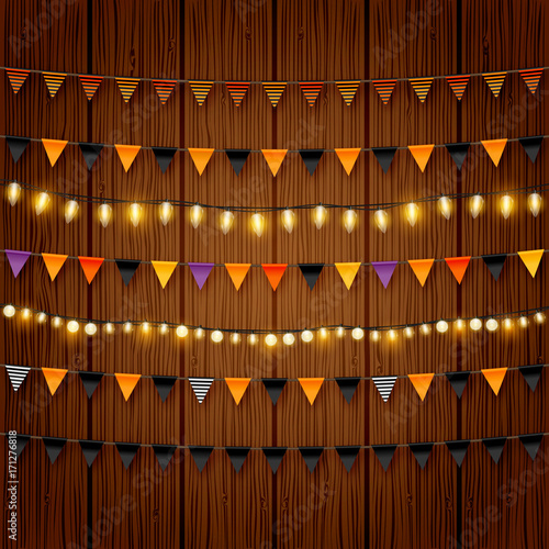 Halloween buntings and shiny lights vector set. Black and orange festive decorative halloween party flags and light chains.