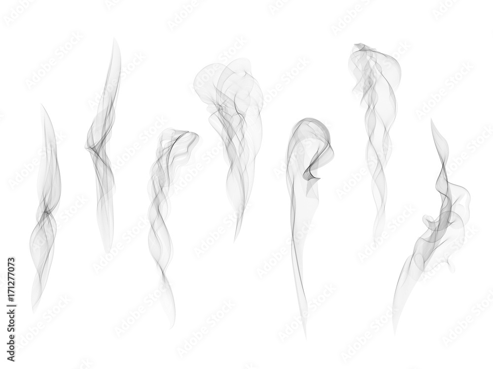 Fototapeta premium Realistic transparent vector smoke texture set. Abstract digital smoke isolated on white background design element collection.