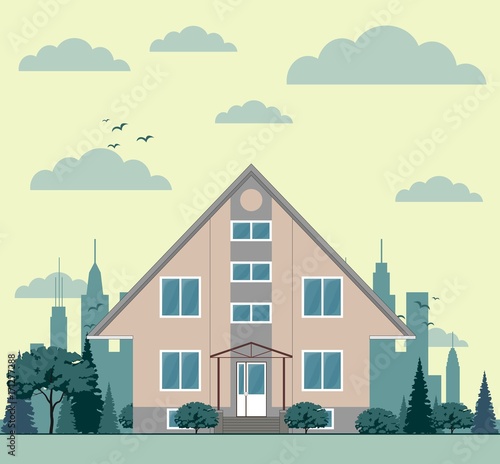 Illustration of a city landscape with townhouse and trees. Flat art style. Housing, real estate market, architecture design, property investment concept banner.