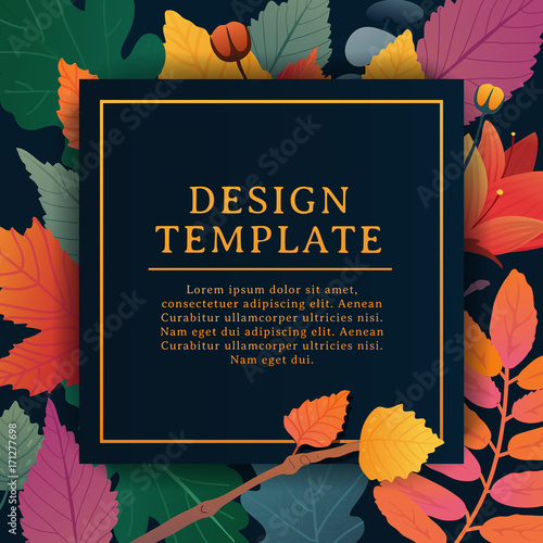 Template design square banner for fall season with white frame and herb. Promotion offer with autumnal oak plant, maple leave and flowers decoration. Vector 