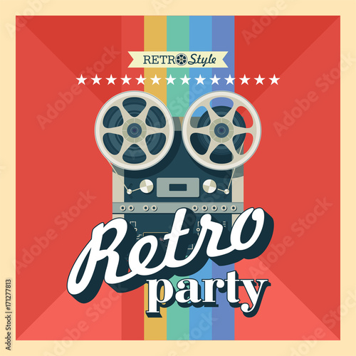 Reel to reel tape. Retro party. Vector illustration poster.