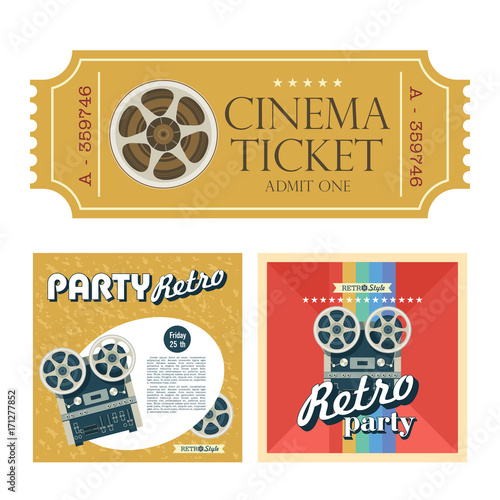 Set of retro posters with the image reel to reel tape with space for text. Design vintage cinema tickets. Vector illustration.