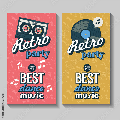 Vector set of flyers, posters. Retro party. The best dance music. Vintage emblem with a tape cassette and vinyl record.