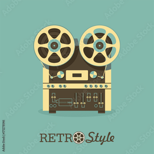 Vintage reel to reel tape recorder. Illustration in retro style.