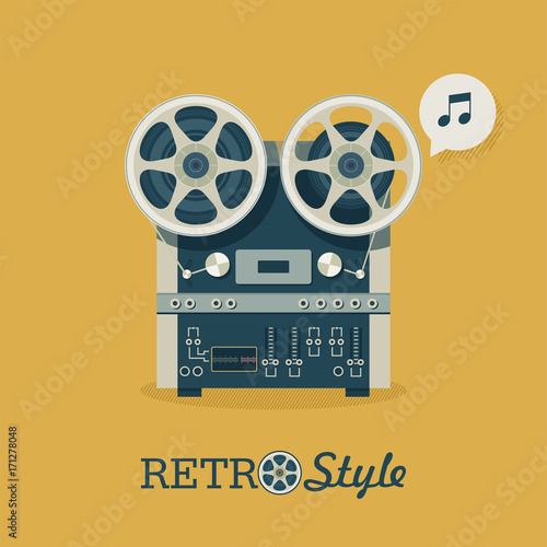 Vintage reel to reel tape recorder. Logo, icon. Vector illustration in retro style.
