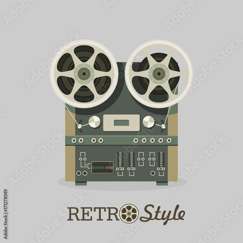 Vintage reel to reel tape recorder. Vector illustration in retro style. Logo, icon.
