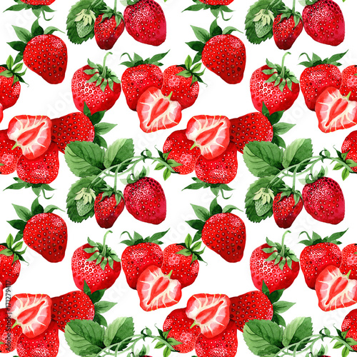 Strawberry healthy food pattern in a watercolor style. Full name of the fruit: strawberry. Aquarelle wild fruit for background, texture, wrapper pattern or menu.