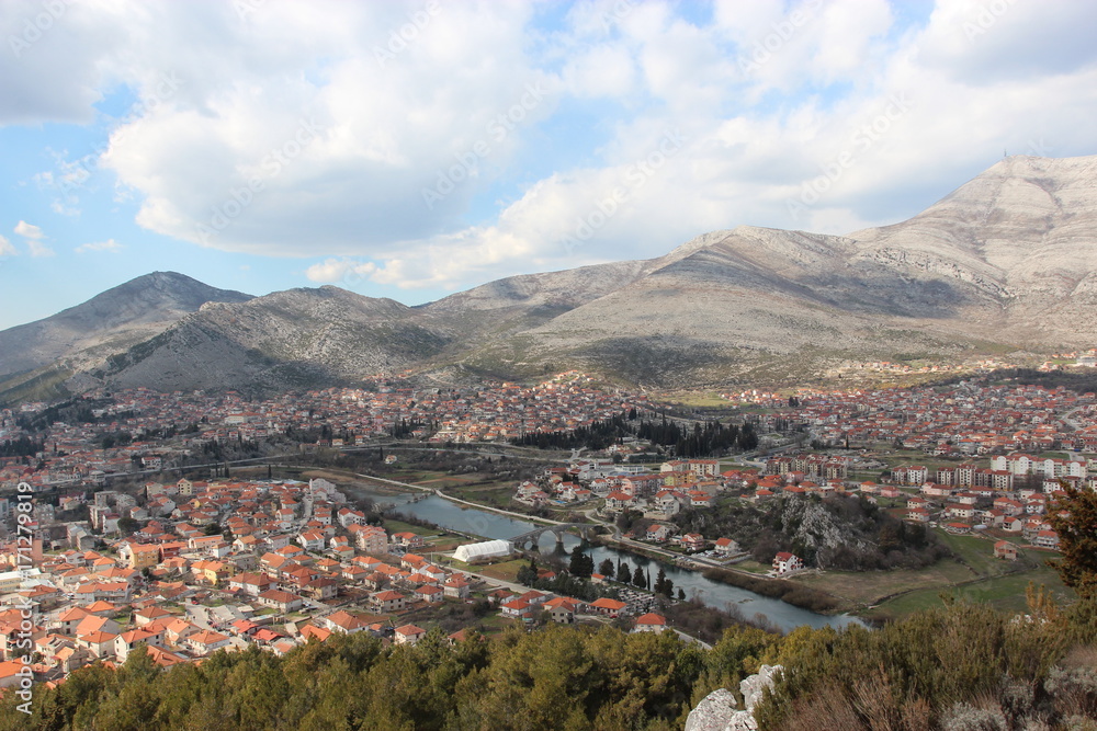 Old European city in the valley between the mountains