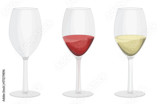 empty wine glass, red wine glass with white wine. vector illustration. white background