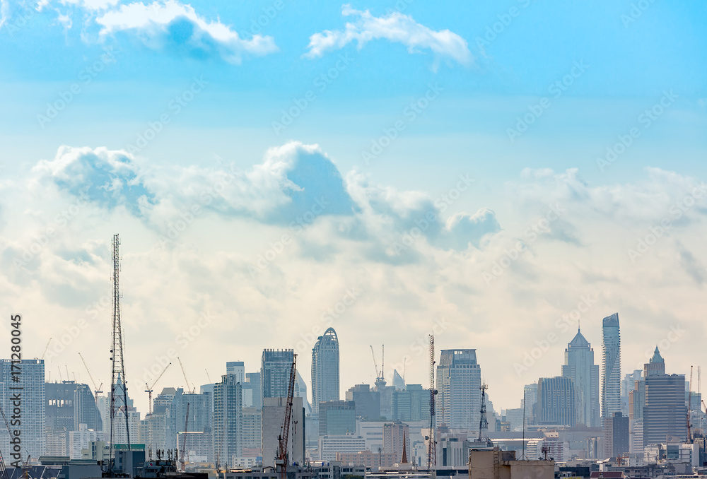 Fototapeta premium Construction site and machine fabricating building to expand city with civilize building background, Concept of urbanization development