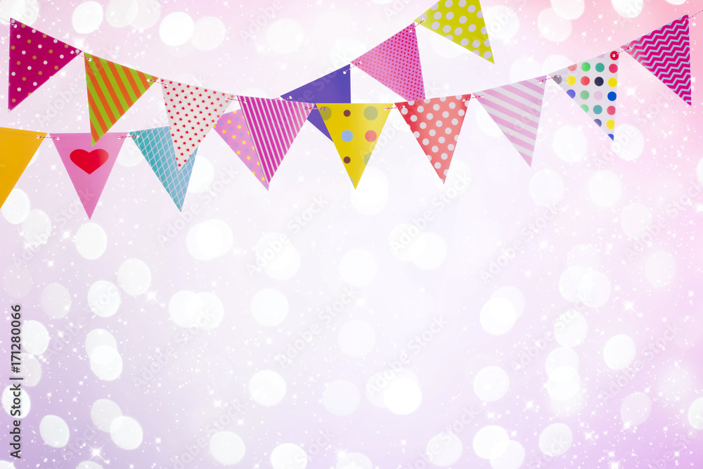 Festive background with colorful flags over abstract lights and glows Festive background with colorful flags over abstract lights and glows