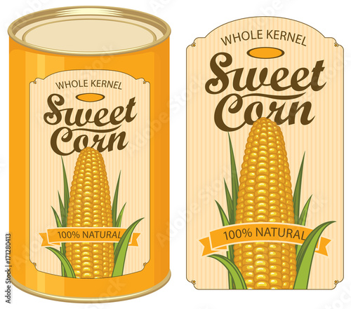 Vector illustration of tin can with a label for canned sweet corn with the image of a realistic corn cob and calligraphic inscription