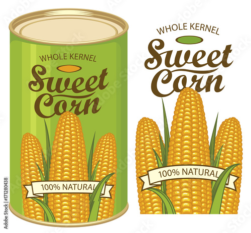 Vector illustration of green tin can with a label for canned sweet corn with the image of three realistic corn cobs and calligraphic inscription