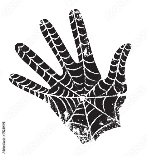 The spider spun a web on the palm of man.  Black hand with the web. Superhero has left its mark.  Hand vector drawing. Stylized print on a t-shirt. Black and white clipart. Sketch.