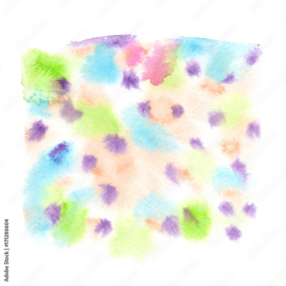 Pastel blots, spots, drips and brush strokes painted in watercolor on clean white background