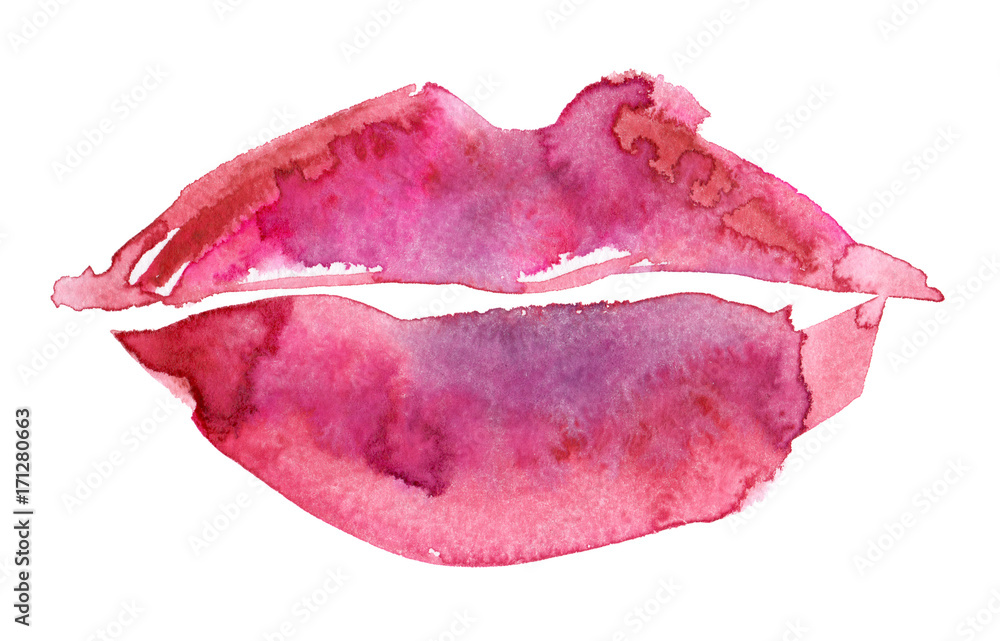 Naklejka premium Abstract big pink woman lips painted in watercolor on clean white background