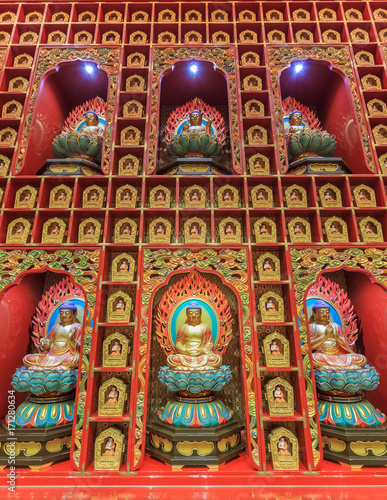 Wall with small colorful Buddha statues inside the Buddha Tooth Relic Temple and Museum in Singapore Chinatown