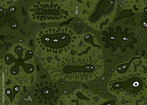 Hand drawn seamless bacterium pattern. Vector illustration